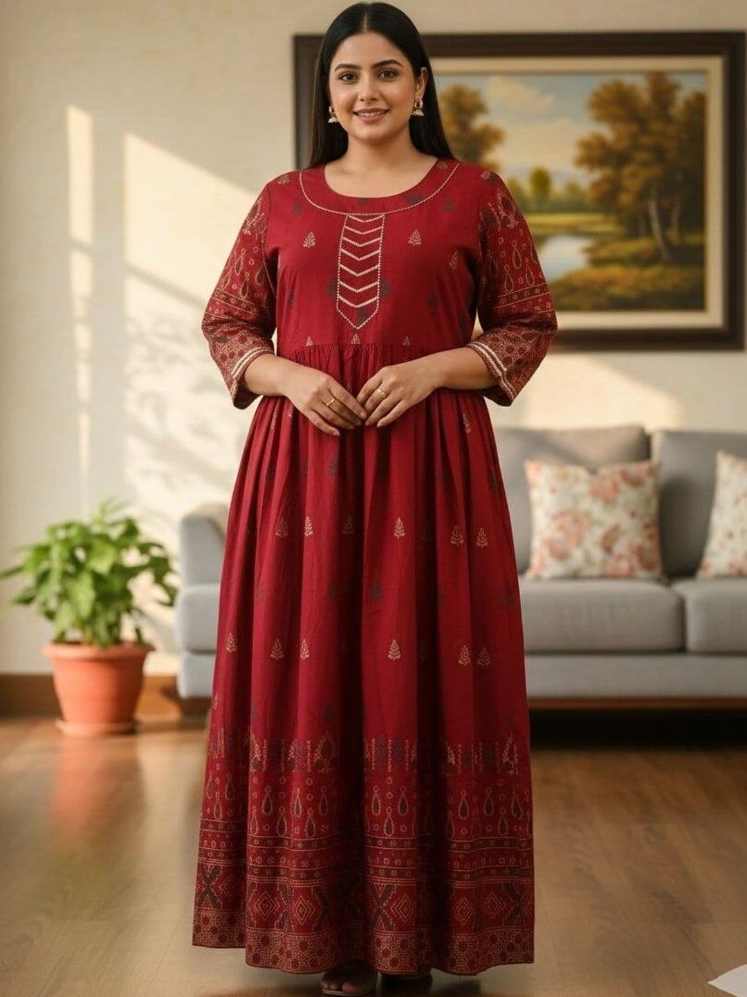 Sztori Cotton Round Neck Fit and Flare Maxi Ethnic Dresses - view 1