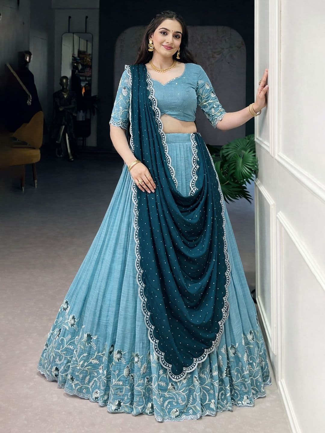 KRYSAL Embellished Sequinned Semi-Stitched Lehenga & Blouse With Dupatta - view 1