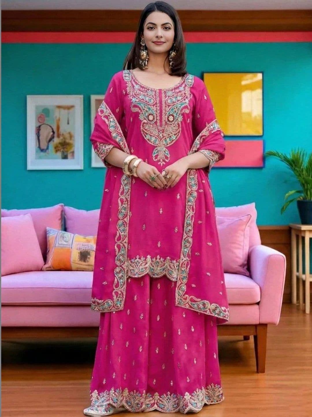 ejoty fashion Women Ethnic Motifs Embroidered Regular Sequinned Kurta with Sharara & With Dupatta - view 1