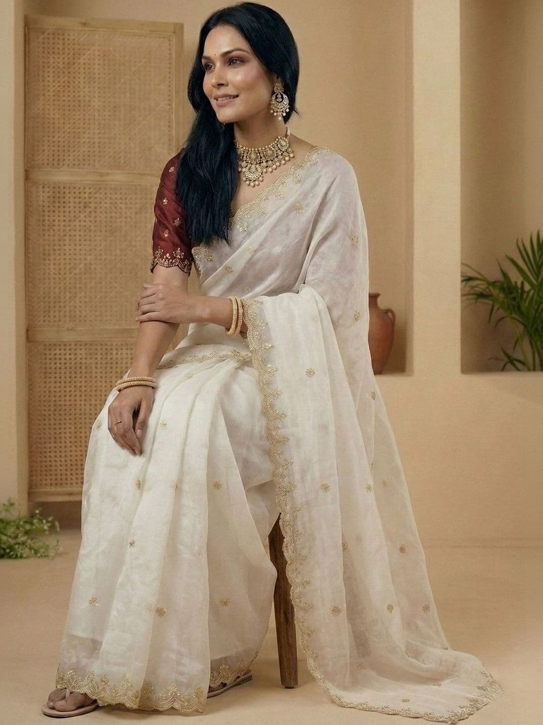 Zari and Ziba Floral Beads and Stones Pure Chiffon Heavy Work Saree - view 1