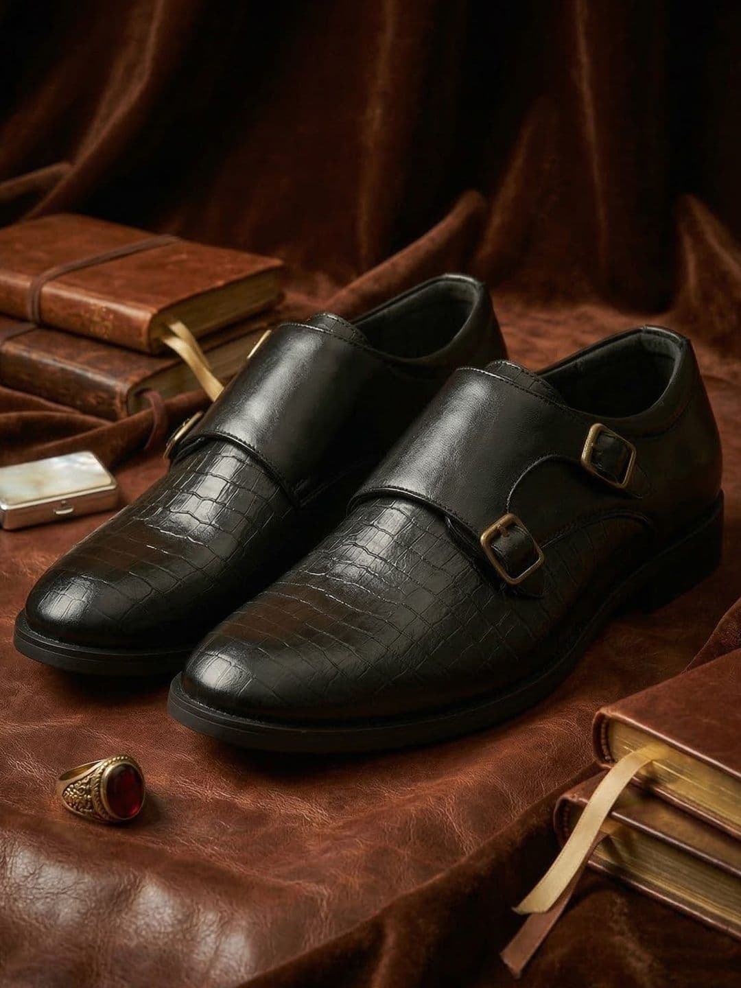House of Pataudi Men Textured Round Toe Buckle Monk Formal Shoes - view 1