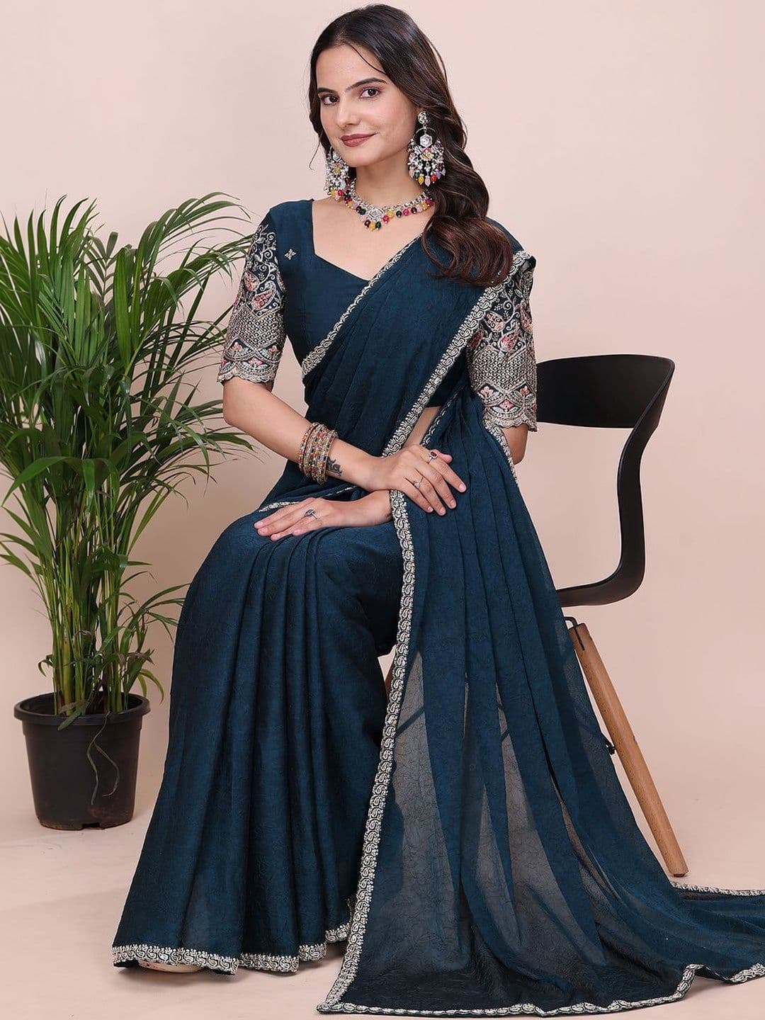 K 5 Fashion Embellished Embroidered Poly Chiffon Heavy Work Chanderi Saree - view 1