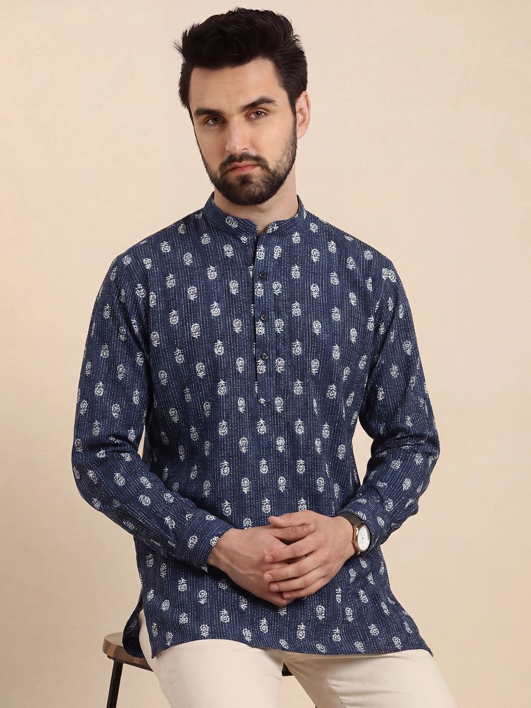 TATTVA Men Ethnic Motifs Printed Indigo Khadi Kurta - view 1