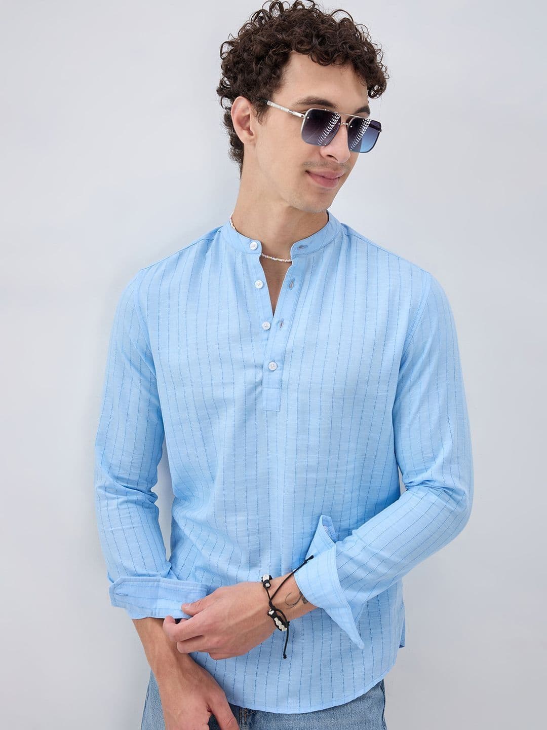 VASTRADO Baby Blue Ladder Striped Subtle Textured Kurta - view 1