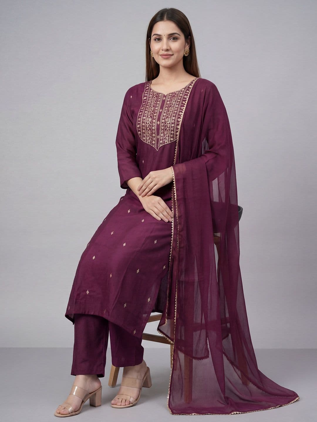 Shree Ramkrishna Fab Women Ethnic Motifs Embroidered Regular Thread Work Kurta with Trousers & With Dupatta - view 1
