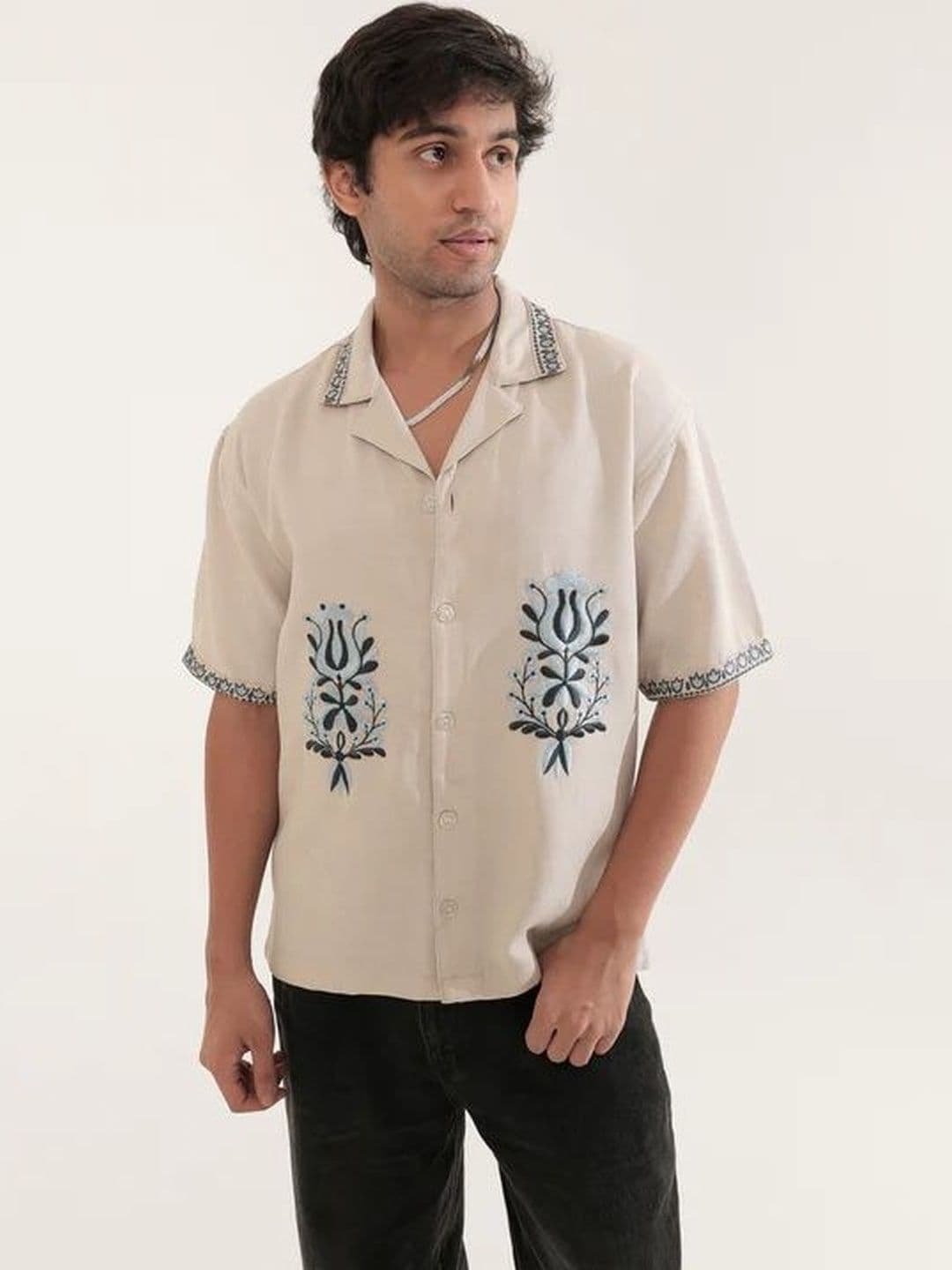 HERE&NOW White Lotus Comfort Embroidered Spread Collar Shirts - view 1