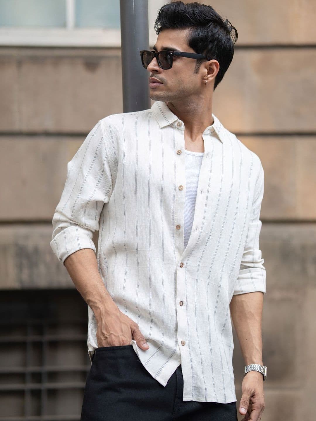 Powerlook Off White Structured Stripe Shirts - view 1