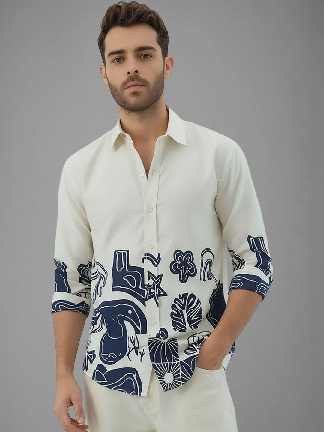 SZN Men Abstract Printed Spread Collar Shirt - view 1
