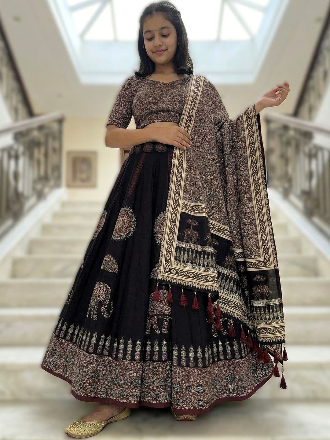 Kaizen TEXO FAB Girls Printed Block Print Ready to Wear Lehenga & Unstitched Blouse With Dupatta - view 1