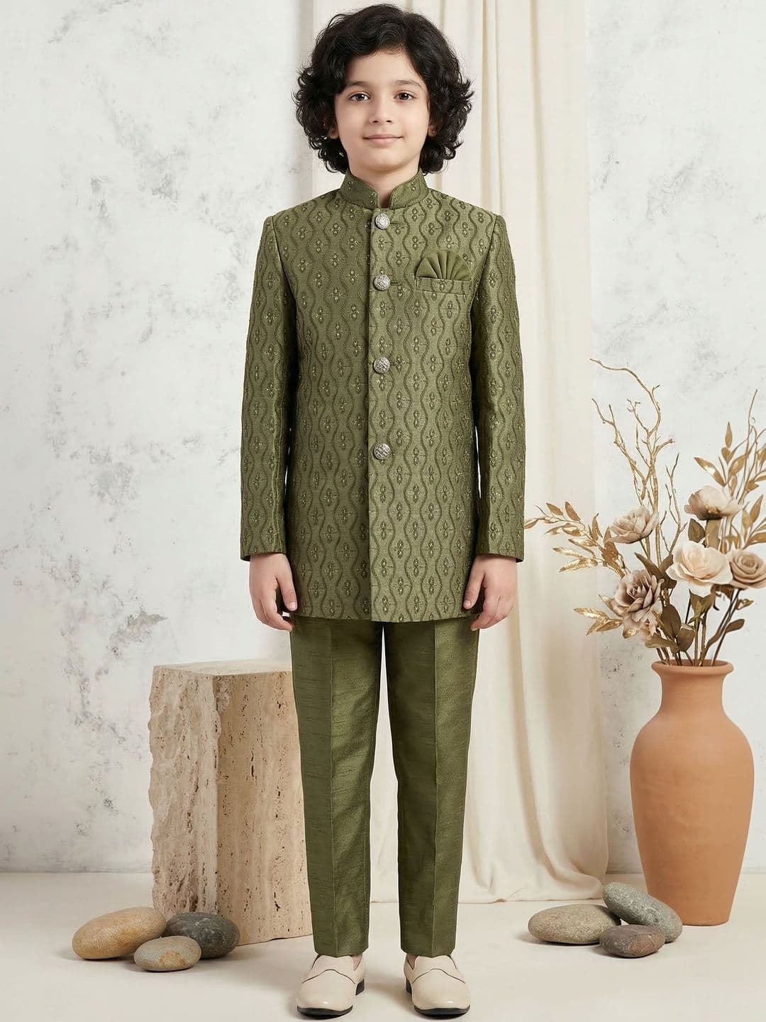 ahhaaaa Boys Embroidered Mandarin Collar Sherwani - view 1