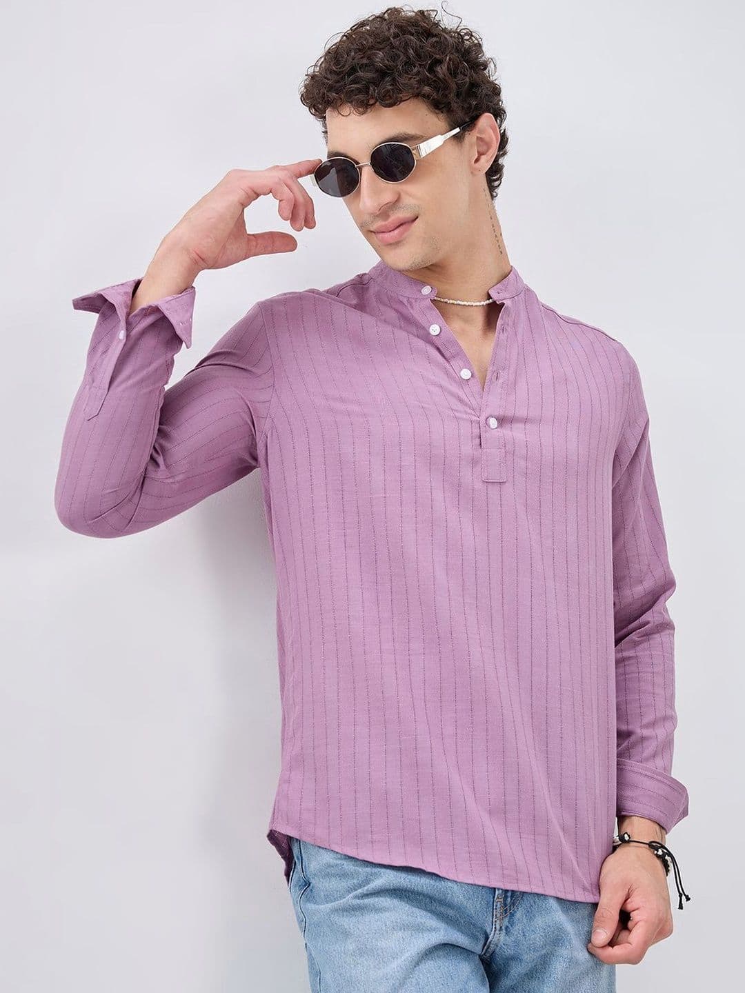 VASTRADO Elegant Lavender Jacquard Striped Kurta - view 1