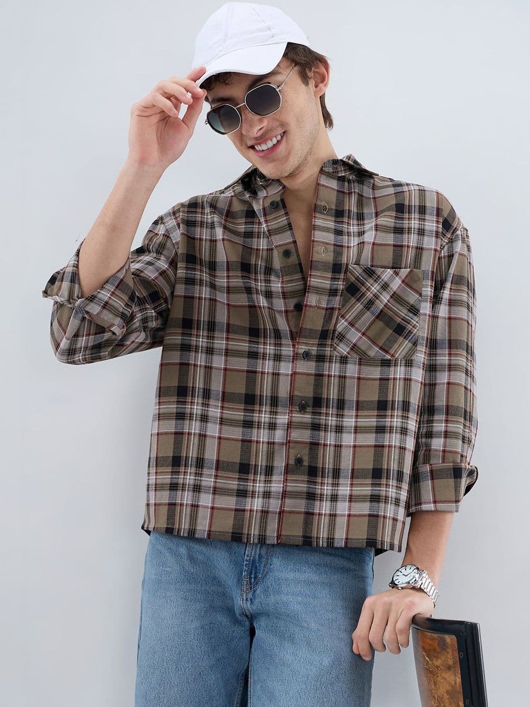 VASTRADO Muted Olive Plaid Checks Boxy Fit Crop Shirt - view 1