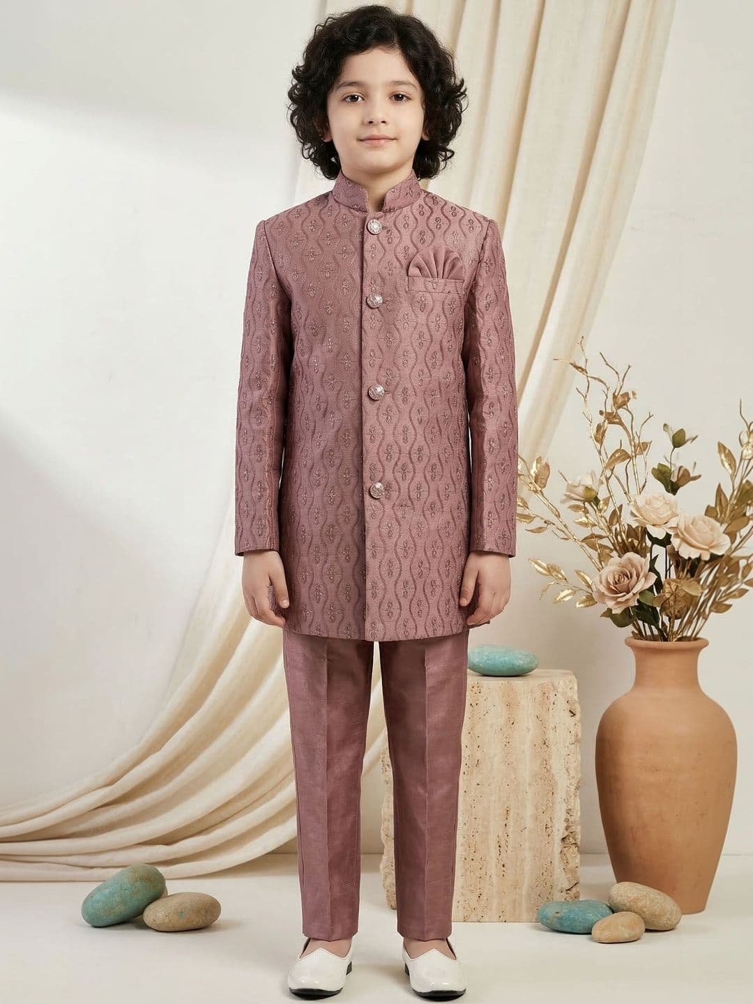 ahhaaaa Boys Embroidered Mandarin Collar Sherwani - view 1