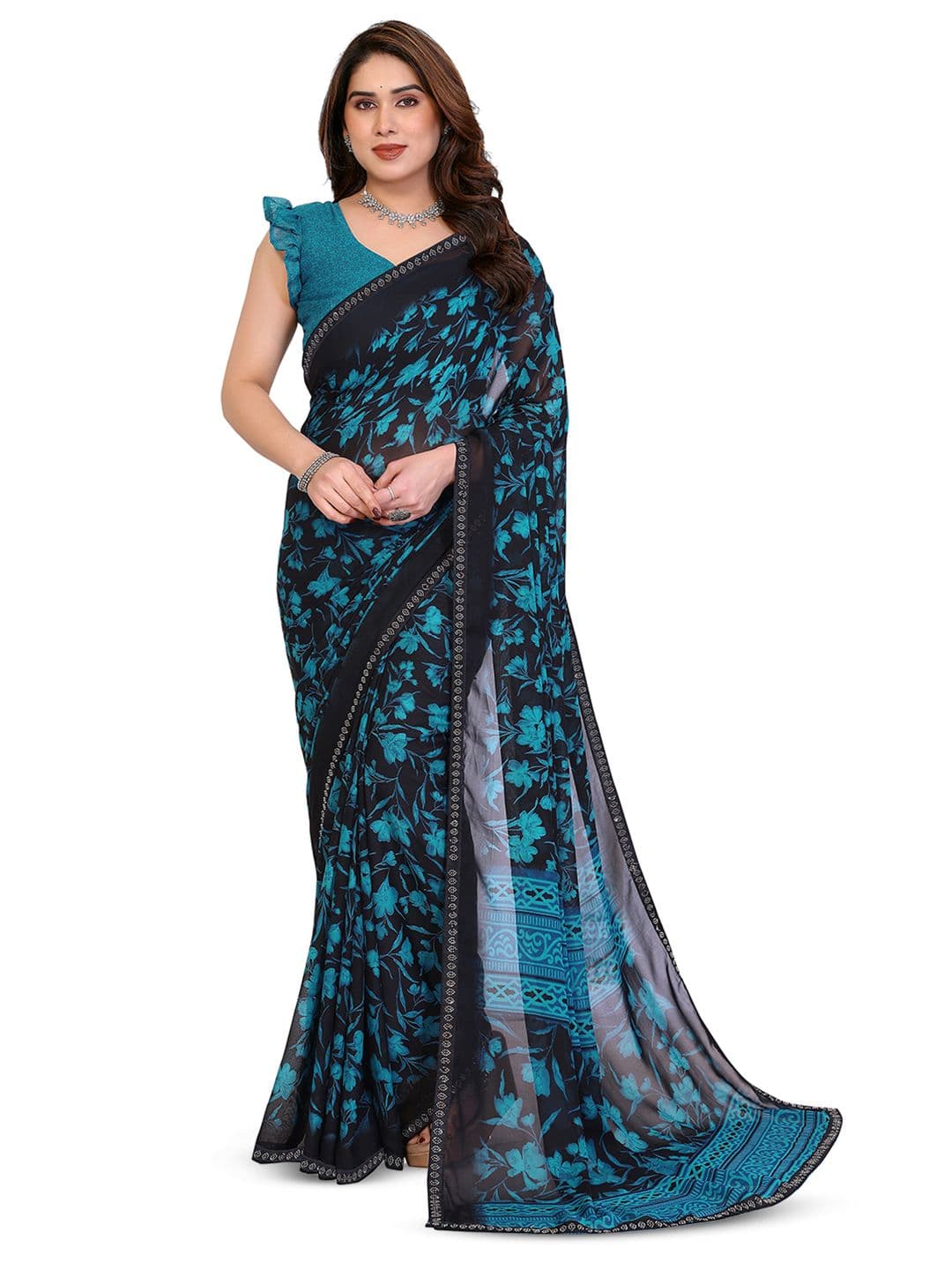 ANAND SAREES Graceful Floral Print Georgette Diamond Lace Detailing Sarees - view 1
