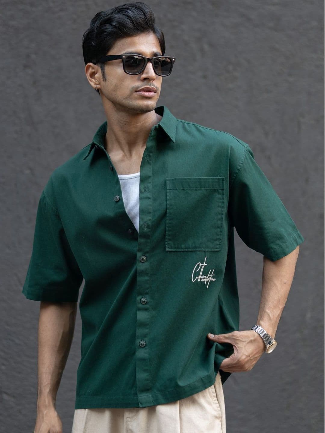 Powerlook Dark Teal Embroidered Structured Shirts - view 1