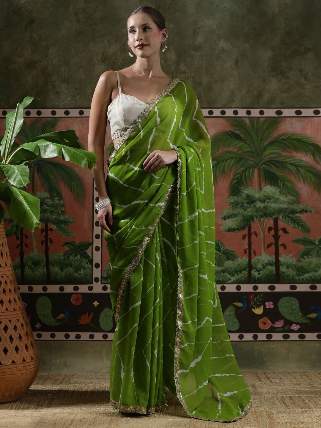 Sangria Embellished Embroidered Laheriya Printed Georgette Ready To Wear Saree - view 1