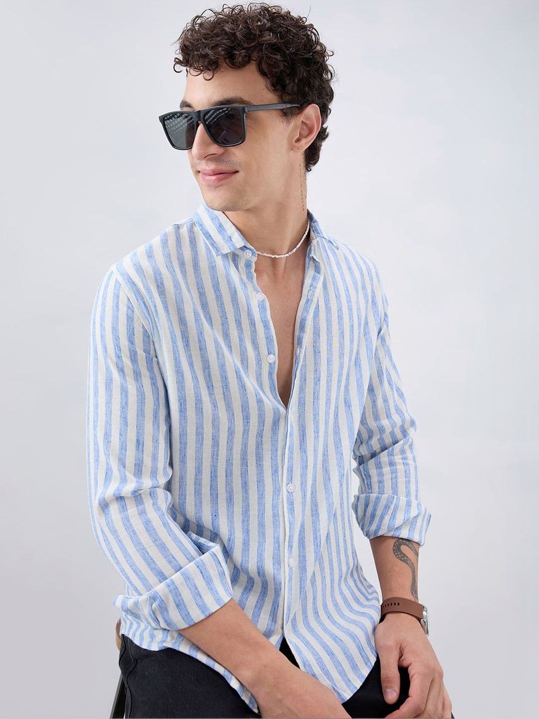 VASTRADO Blue & Ivory Balanced Striped Linen Blend Shirt - view 1