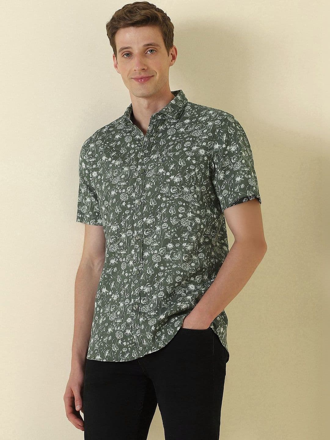 Allen Solly Men Green Custom Fit Print Half Sleeves Casual Shirts - view 1