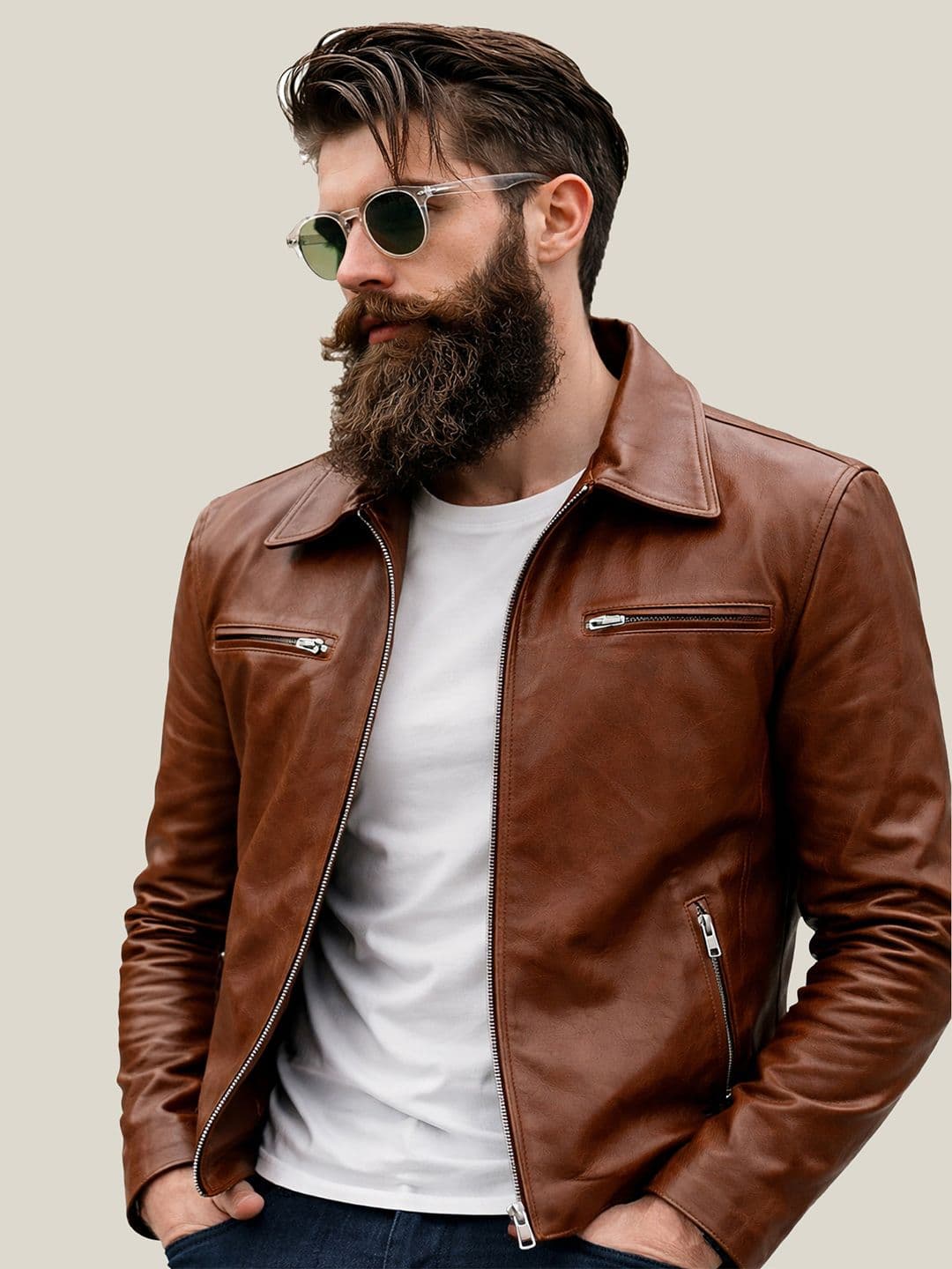 Leather Retail Men Spread Collar Lightweight Outdoor Leather Jacket - view 1