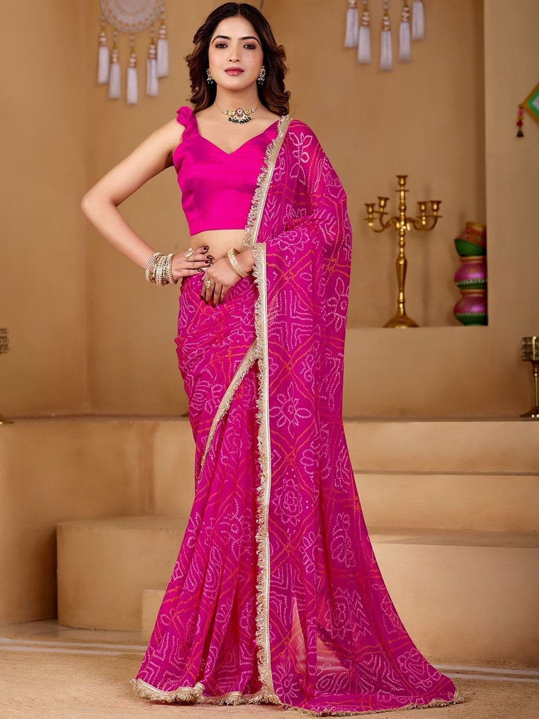 BAPS Womens Traditional Bandhej Jhalar Border Sarees - view 1