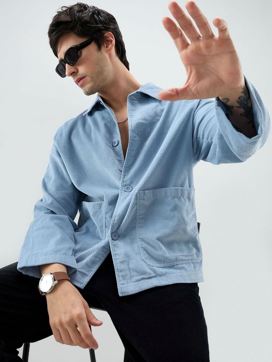 VASTRADO Exquisite Blue Corduroy Double Pocket Oversized Shacket Shirts - view 1