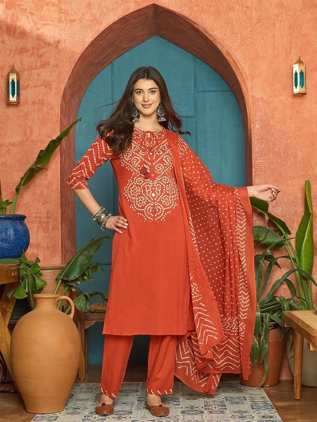 Stylum Women Bandhani Printed Regular Mirror Work Pure Cotton Kurta with Trousers & With Dupatta - view 1