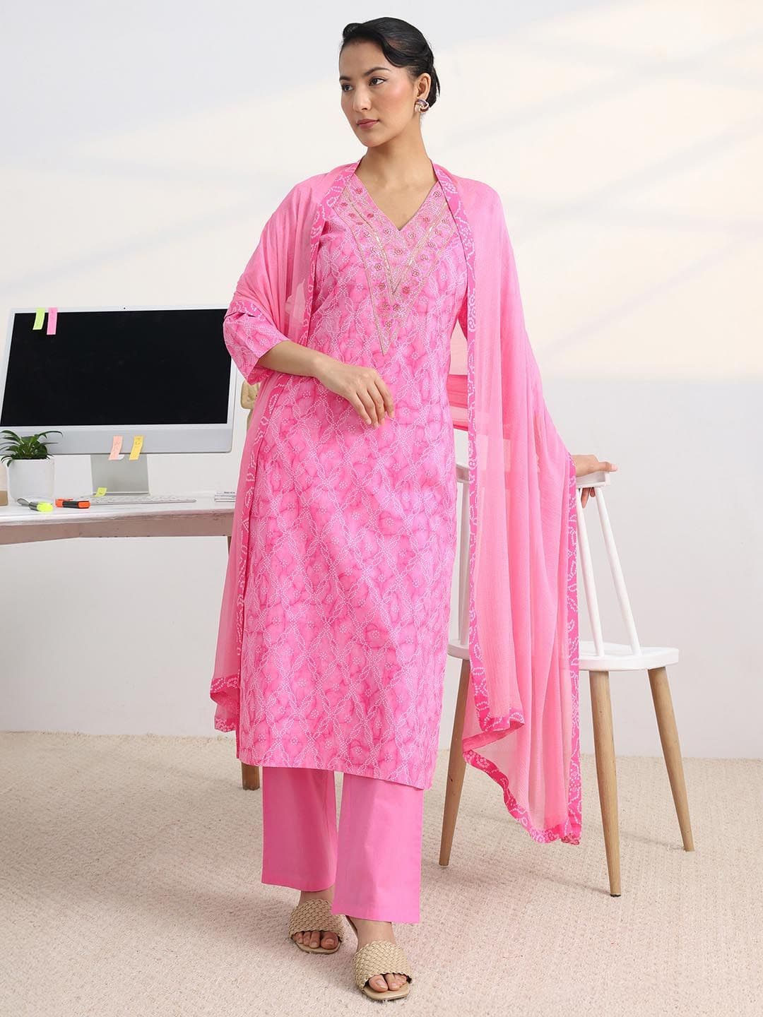 Gerua By Libas Libas Pink Bandhani Print Straight Suit Set with Dupatta - view 1