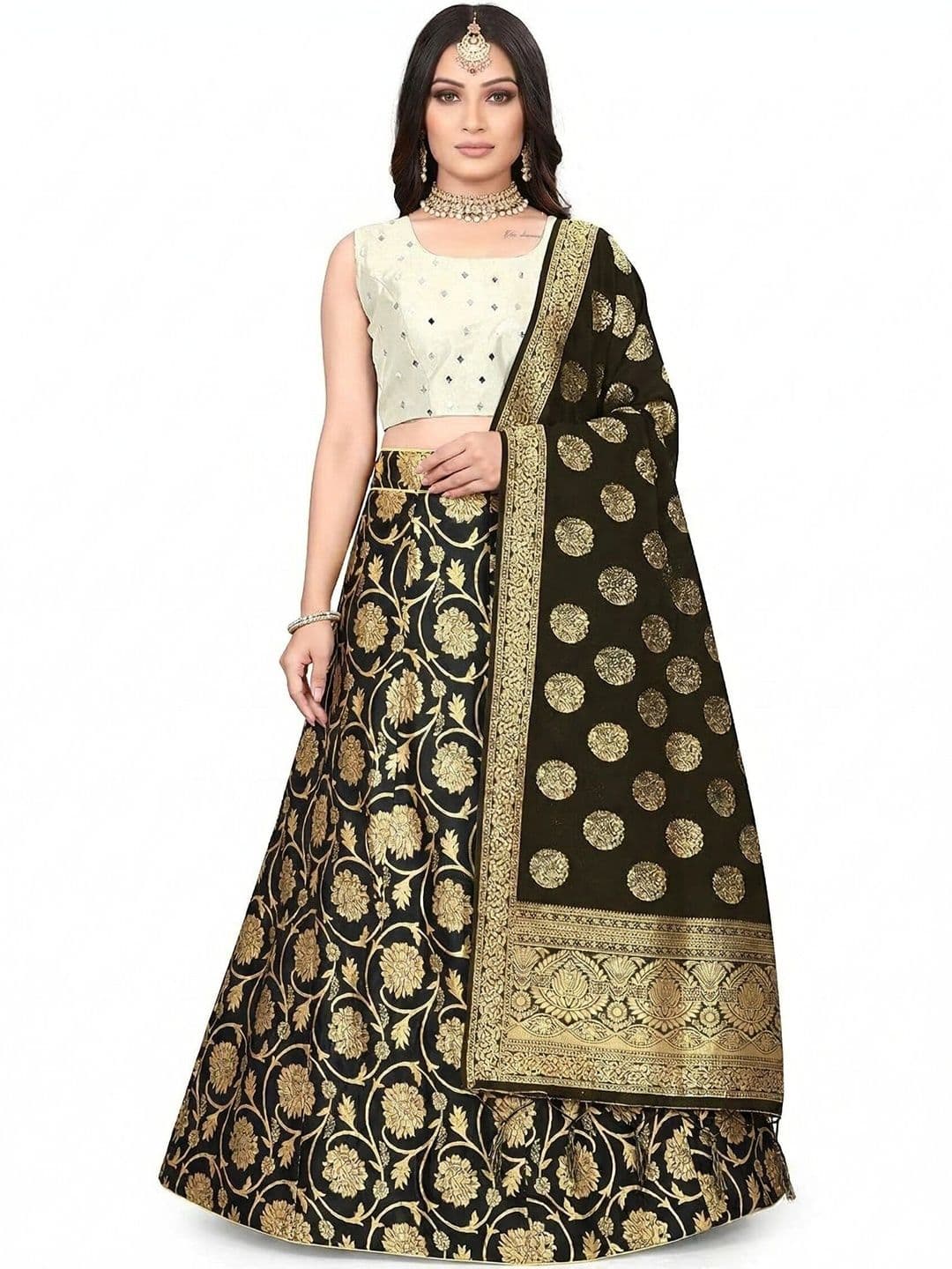 SHAVIDR ENTERPRISE Mirror Work Block Print Semi-Stitched Lehenga & Blouse With Dupatta - view 1