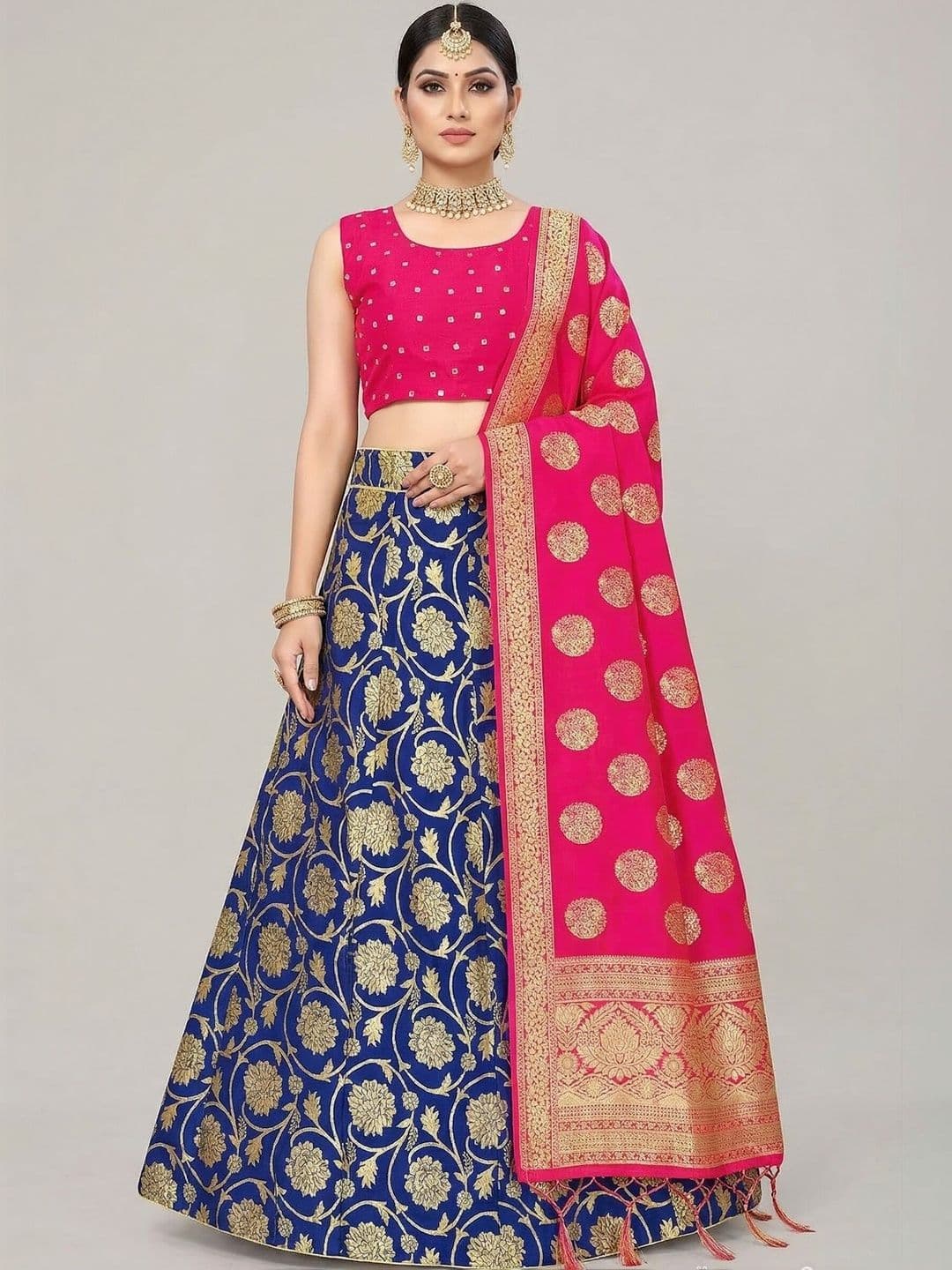 SHAVIDR ENTERPRISE Mirror Work Block Print Semi-Stitched Lehenga & Blouse With Dupatta - view 1