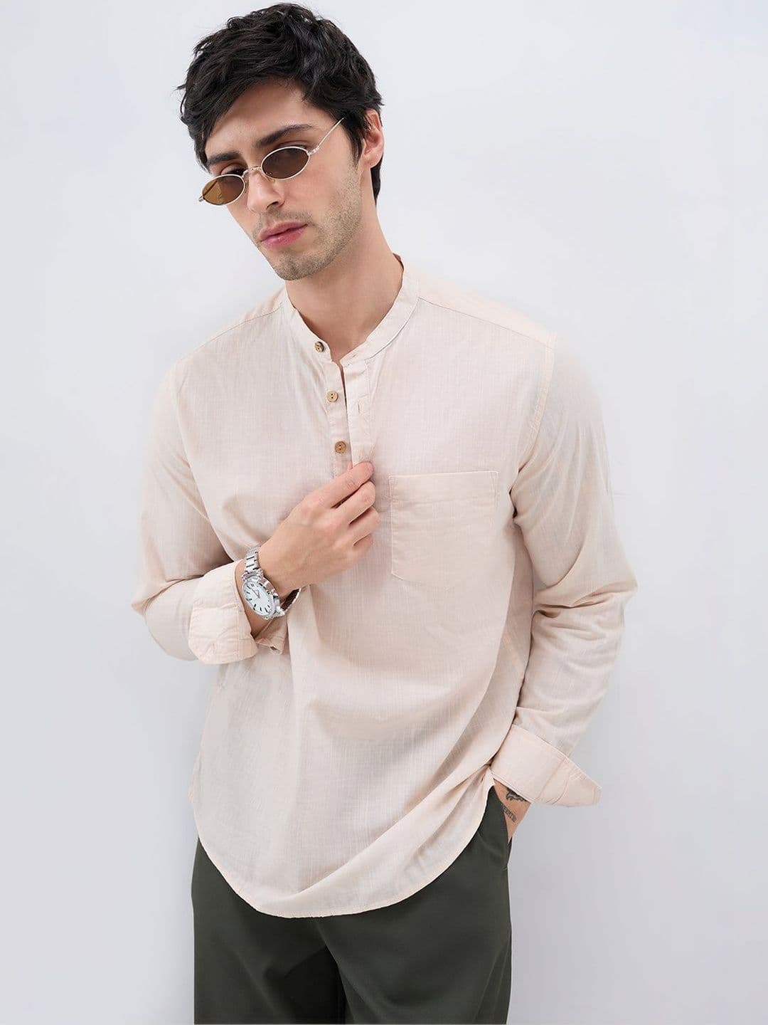 VASTRADO Alabaster Cream Slub Textured Kurta - view 1
