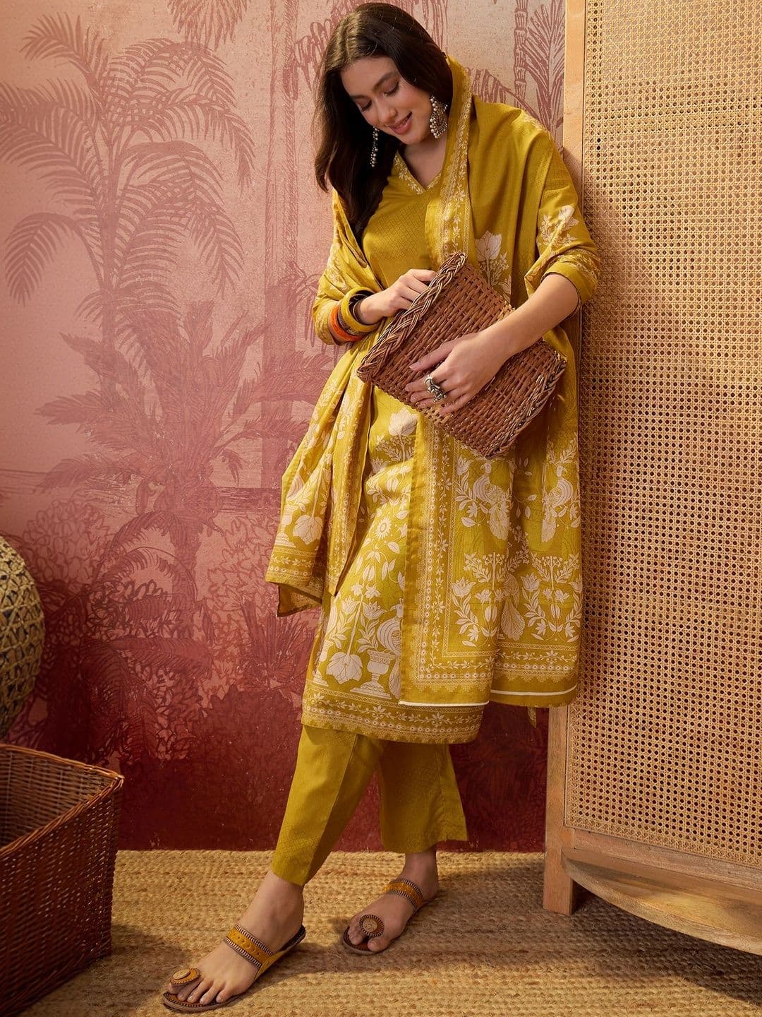 Sangria Printed Pure Cotton V-Neck Kurta & Trousers With Dupatta - view 1
