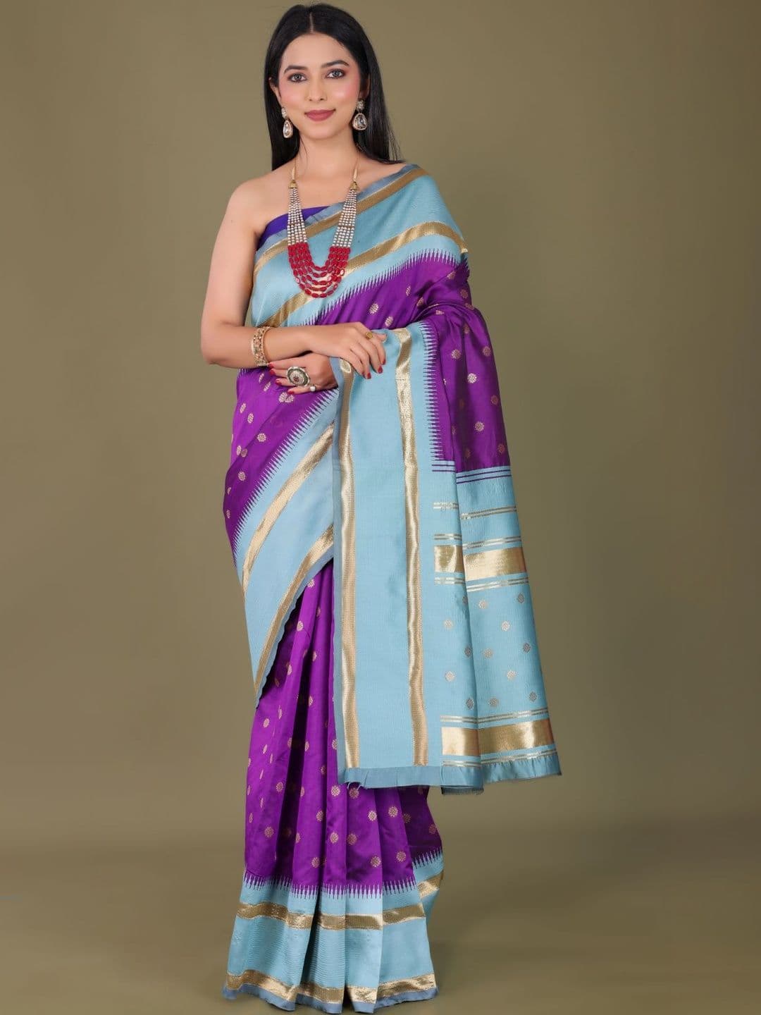KIVERA Purple Sky Blue Banarasi Soft Litchi Silk Zari Motif Woven Contrast Border Sarees - view 1