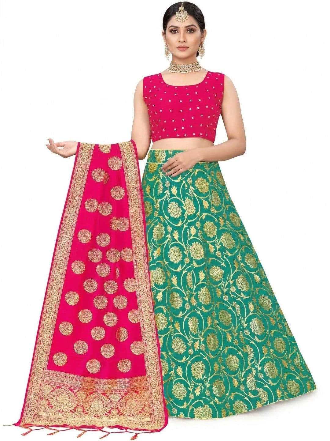 SHAVIDR ENTERPRISE Mirror Work Block Print Semi-Stitched Lehenga & Blouse With Dupatta - view 1