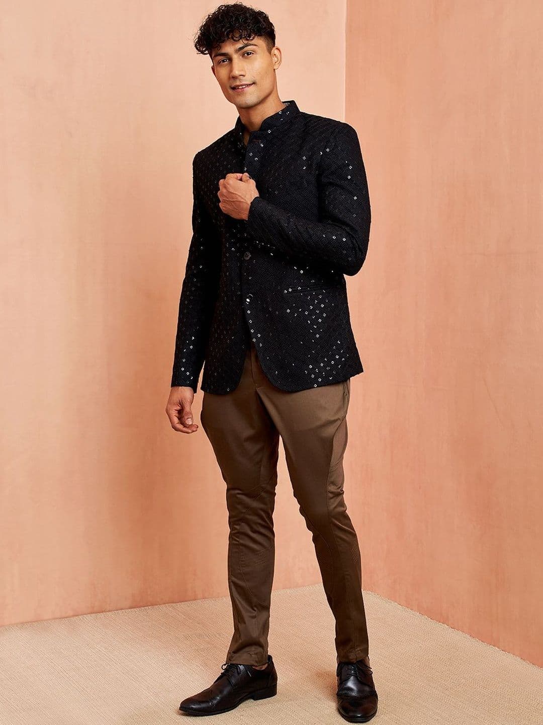 VASTRAMAY Embroidered Mandarin Collar Slim Fit 2 Piece Blazer & Trousers Suits