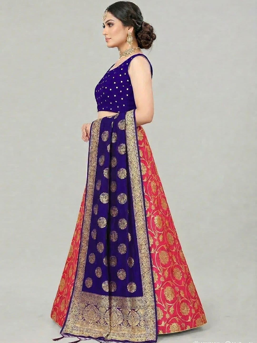 SHAVIDR ENTERPRISE Mirror Work Block Print Semi-Stitched Lehenga & Blouse With Dupatta - view 1