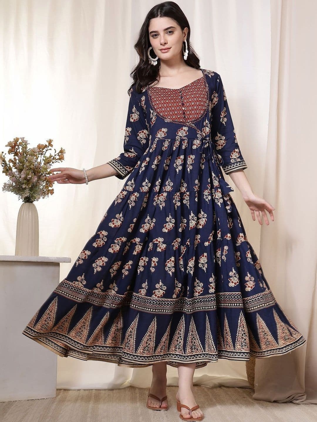 FebQ Womens Cotton Ethnic Dress Printed A-line Kurti Dress Casual Festive Wear Dresses - view 1