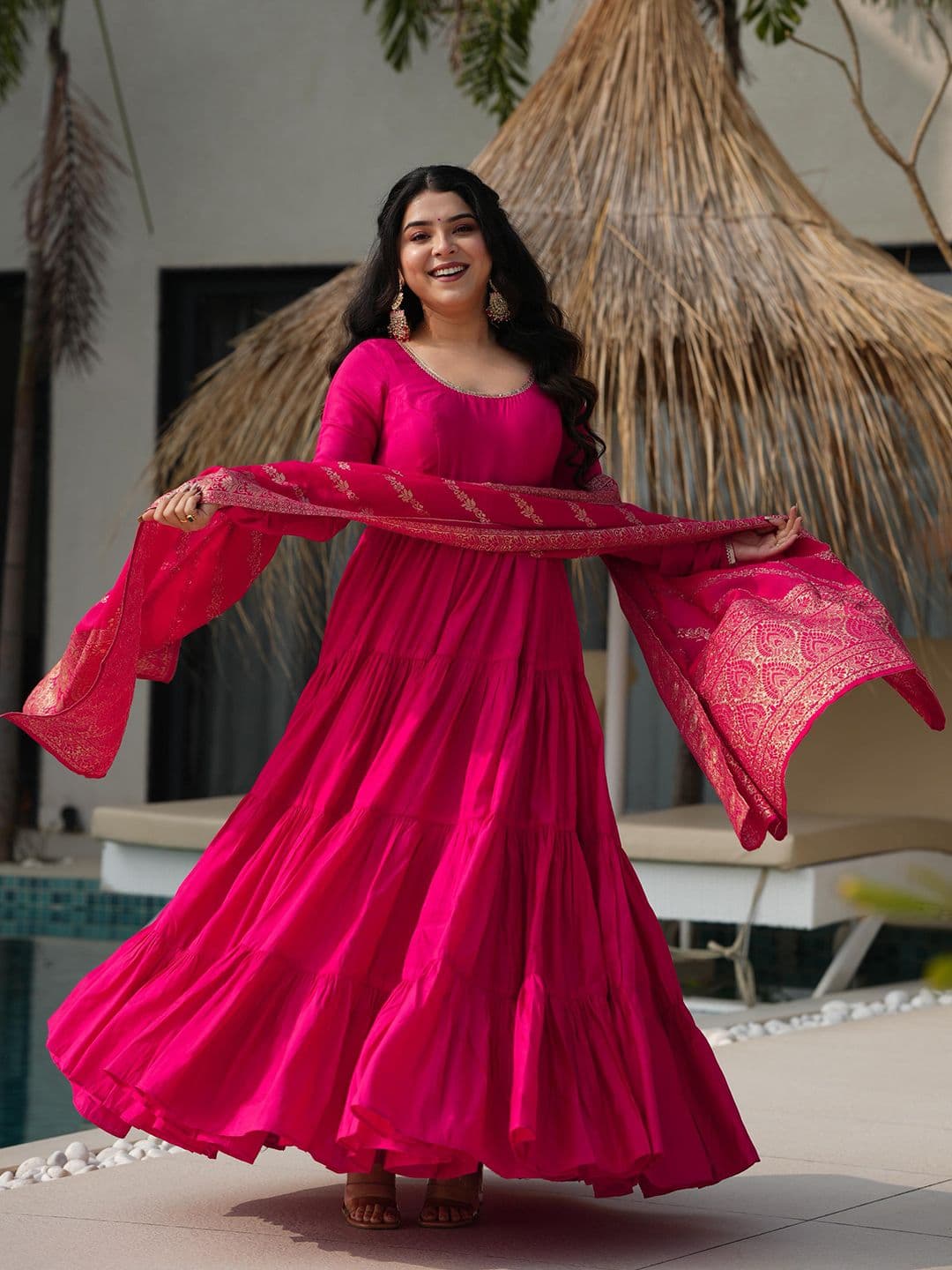 SAJAVAT ETHENIC WEAR Women Tiered Chanderi Silk Kurta with Palazzos & With Dupatta - view 1