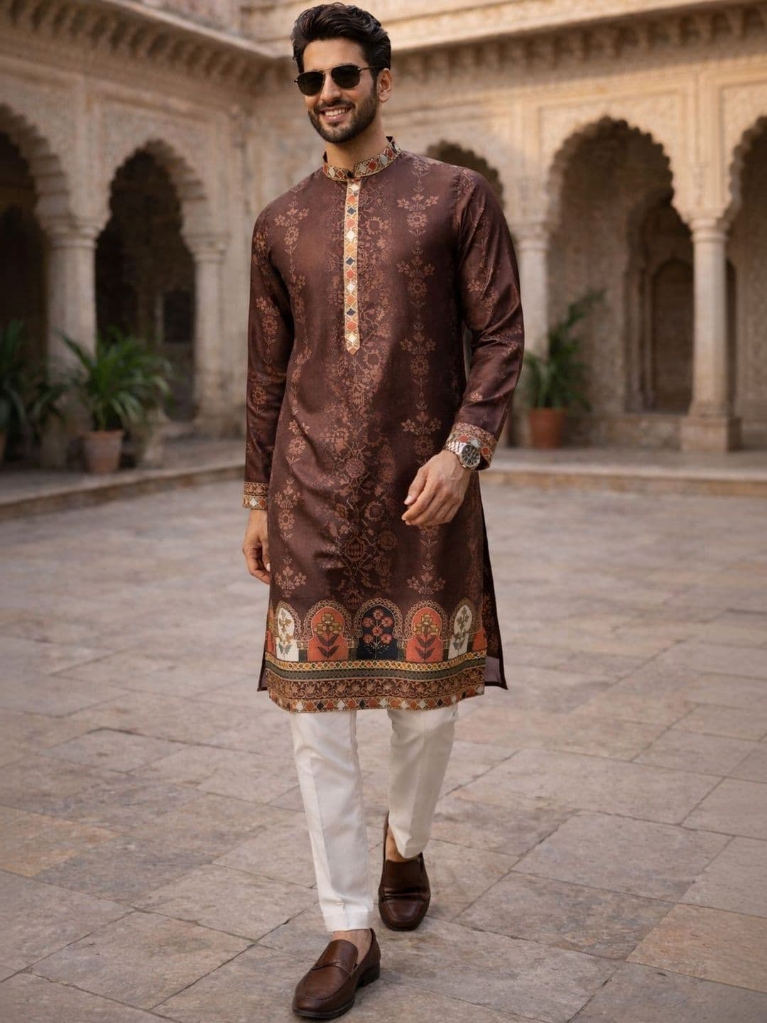 House of Pataudi Men Brown Ethnic Motif Printed Straight Kurtas - view 1