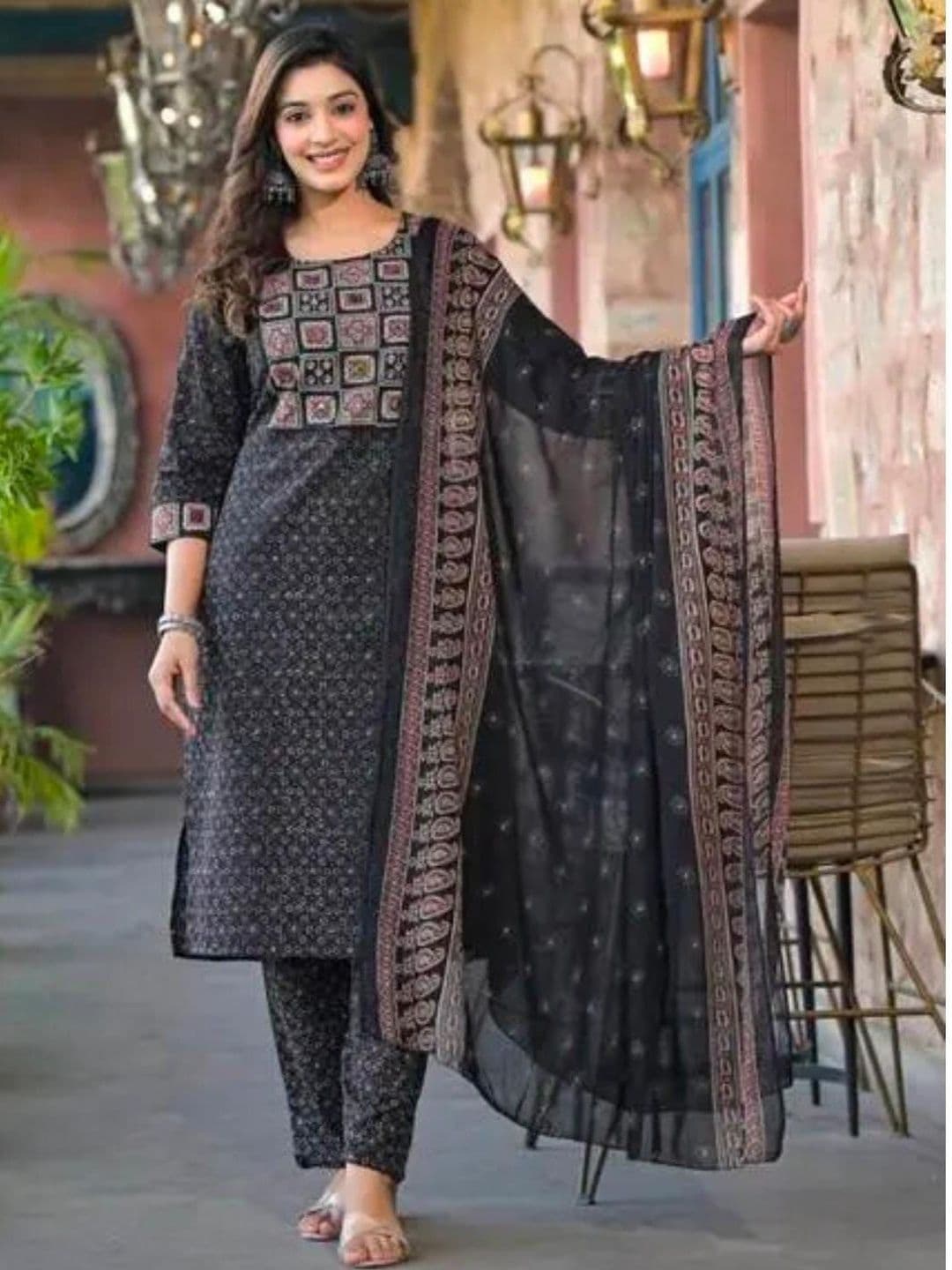 Sangria Printed Pure Cotton Round Neck Kurta & Trousers With Dupatta - view 1