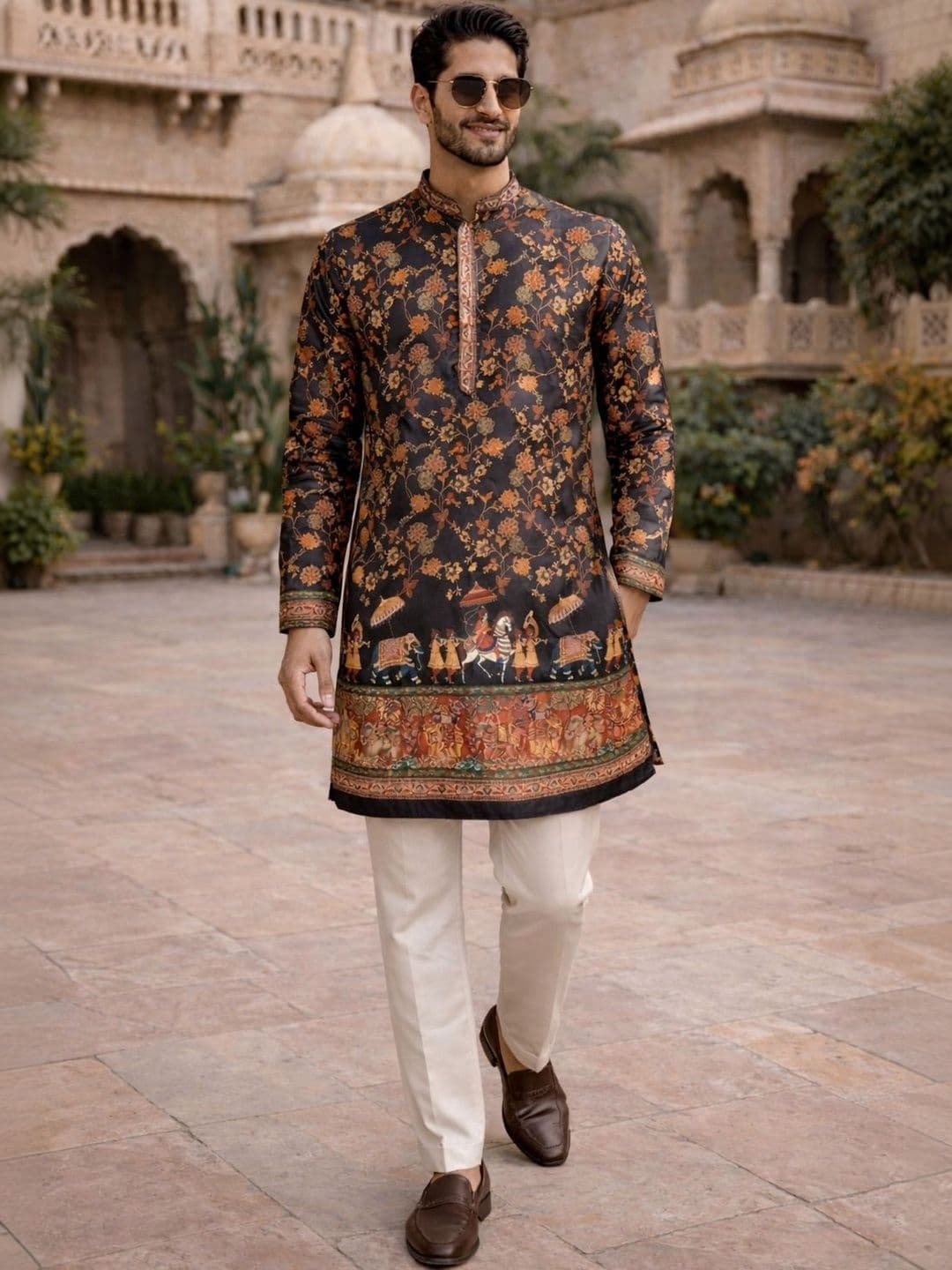 House of Pataudi Men Black Ethnic Floral Printed Straight Kurtas - view 1