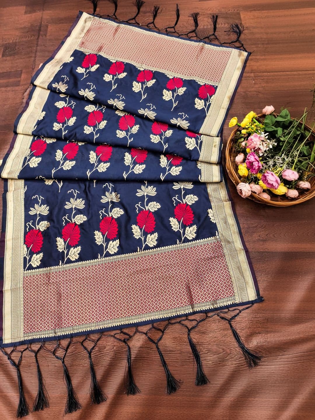 DEVANGI Floral Woven Design Banarasi Silk Dupatta With Zari - view 1