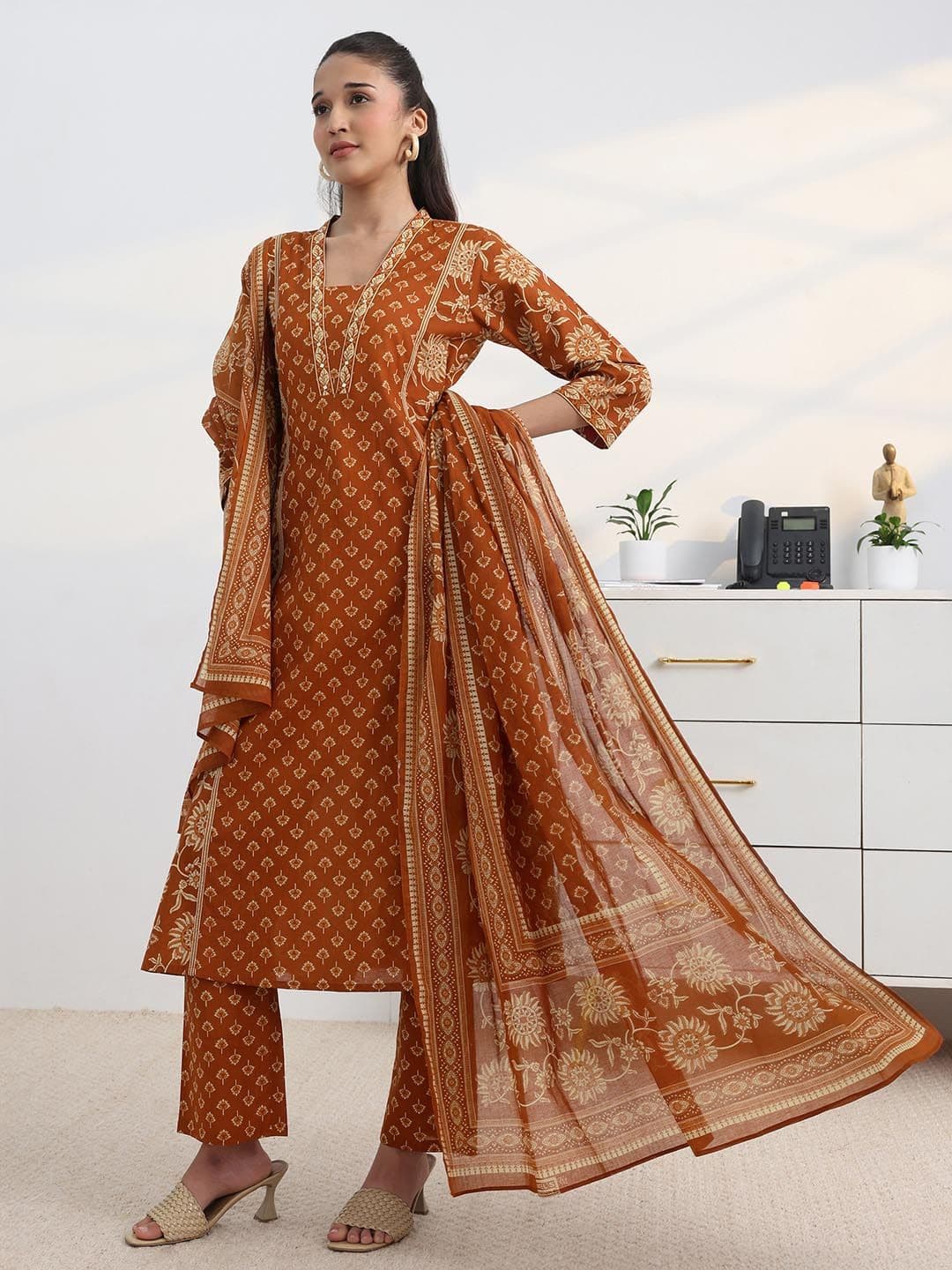Gerua By Libas Libas Rust Floral Print A-Line Suit Set with Dupatta - view 1
