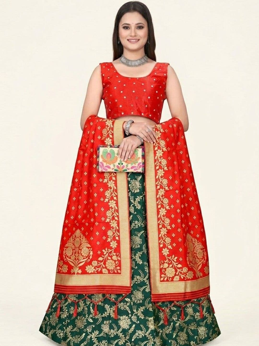 SHAVIDR ENTERPRISE Mirror Work Block Print Semi-Stitched Lehenga & Blouse With Dupatta - view 1