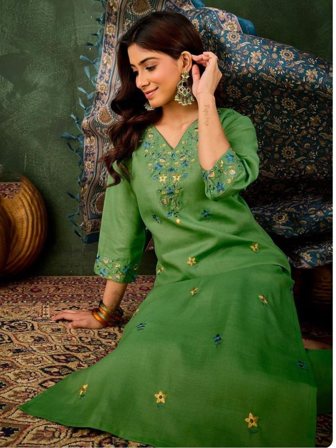 Sangria Embroidered Pure Cotton V-Neck Kurta & Trousers With Dupatta - view 1