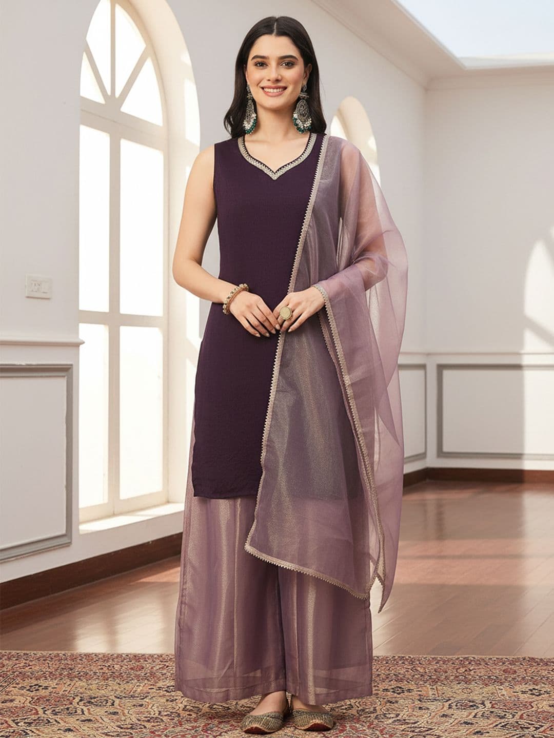 House of Pataudi Gotta Patti Sweetheart Neck Sleeveless Kurta And Palazzo With Dupatta - view 1