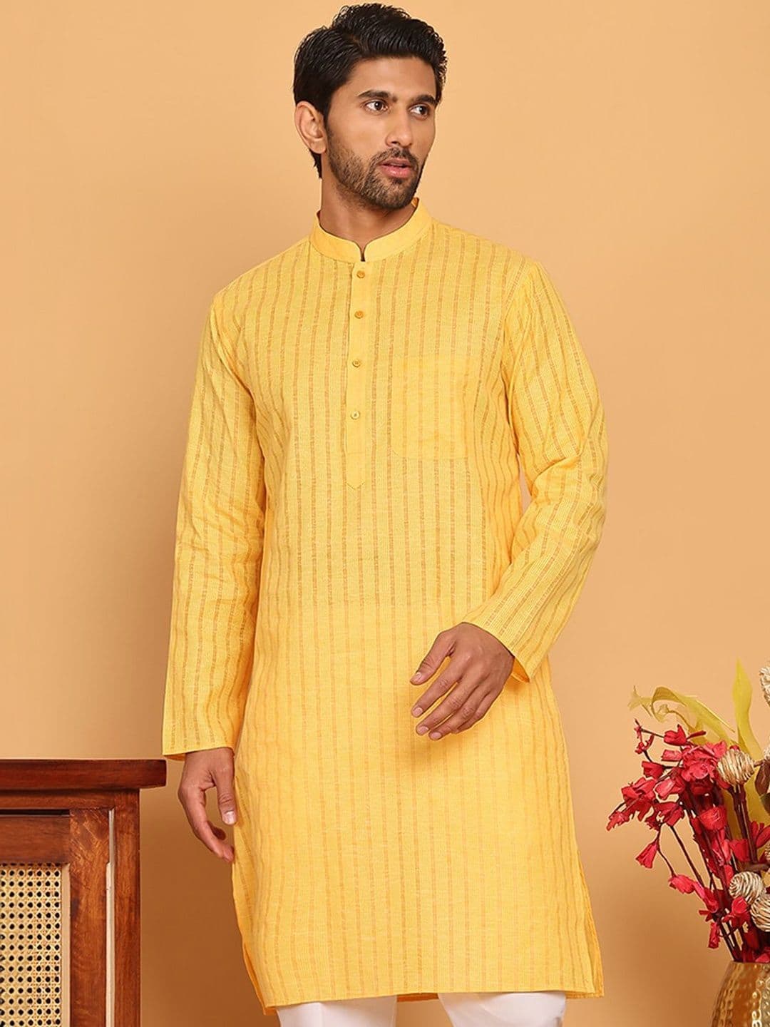 Jompers Men Striped Woven Design Mandarin Collar Straight Kurta - view 1