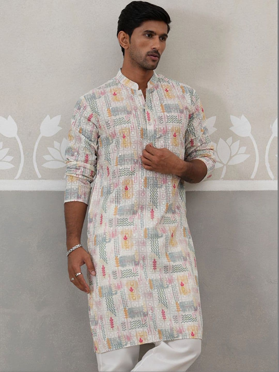 Jompers Men Geometric Printed Mandarin Collar Thread Work Straight Kurta - view 1