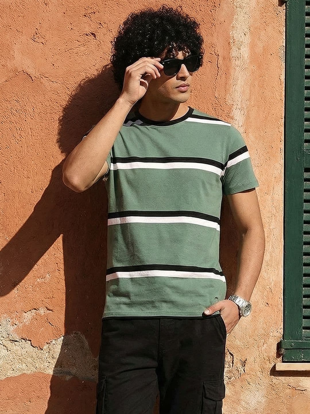 The Roadster Lifestyle Co Men Green White Striped Cotton T-shirt - view 1