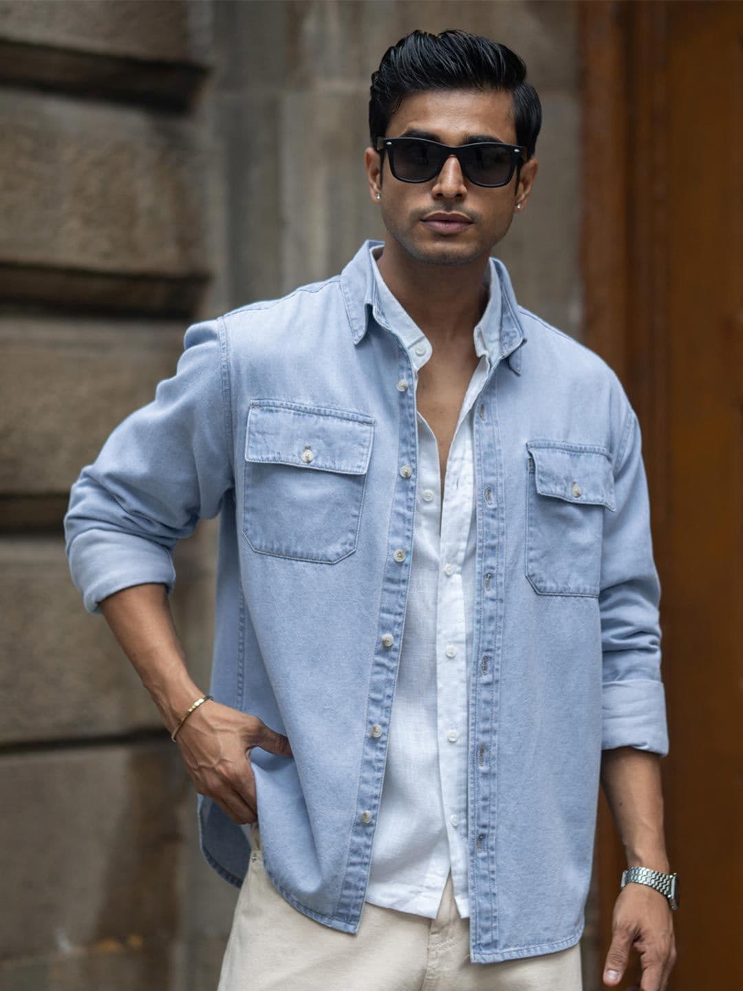 Powerlook Washed Denim Cotton Long Sleeves Shirt - view 1