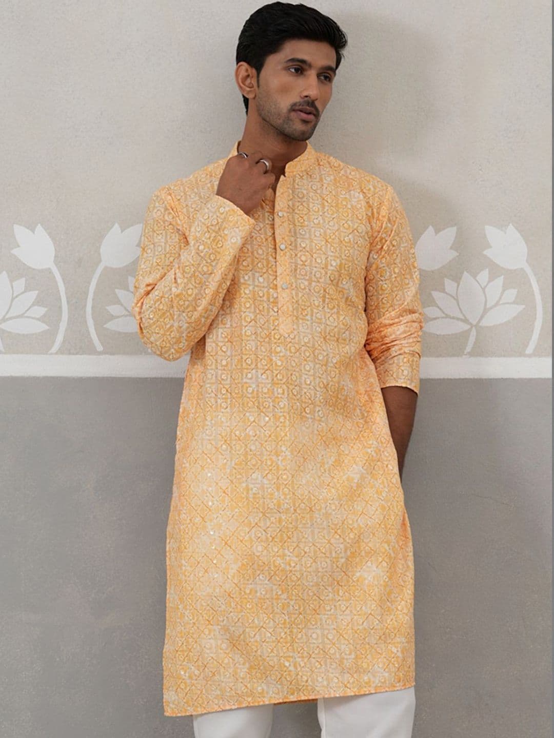 Jompers Men Geometric Embroidered Thread Work Mandarin Collar Straight Kurta - view 1